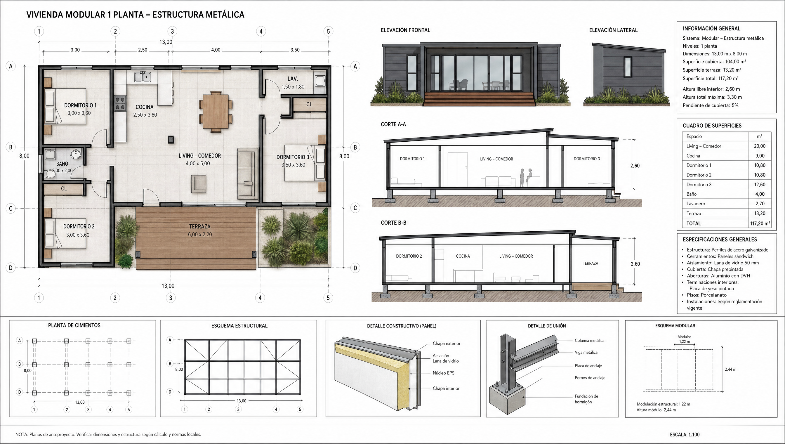 Plano arquitectonico Casa Modular 80 m2